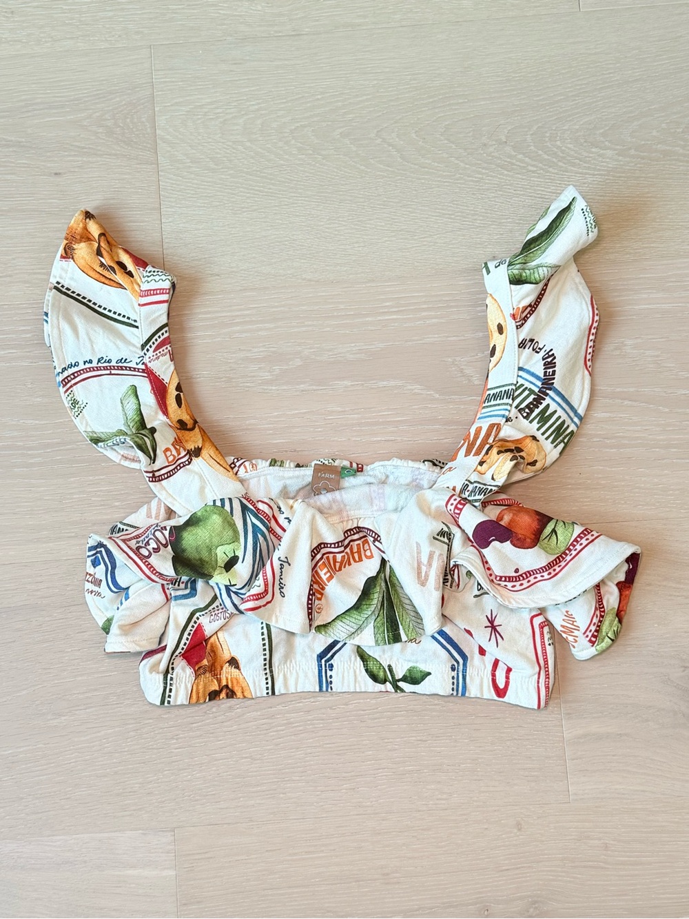 Farm Rio Brazilian Fruit Print Ruffle Bow Crop Top
